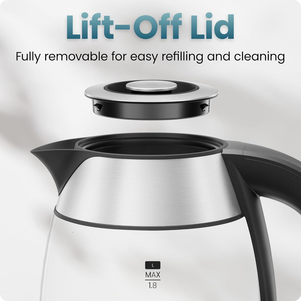 Chefman Electric Kettle, 1.8L 1500W, Hot Water Boiler, Removable Lid for Easy Cleaning, Auto Shut Off, Boil-Dry Protection, Stainless Steel Filter, BPA Free, Borosilicate Glass Electric Tea Kettle