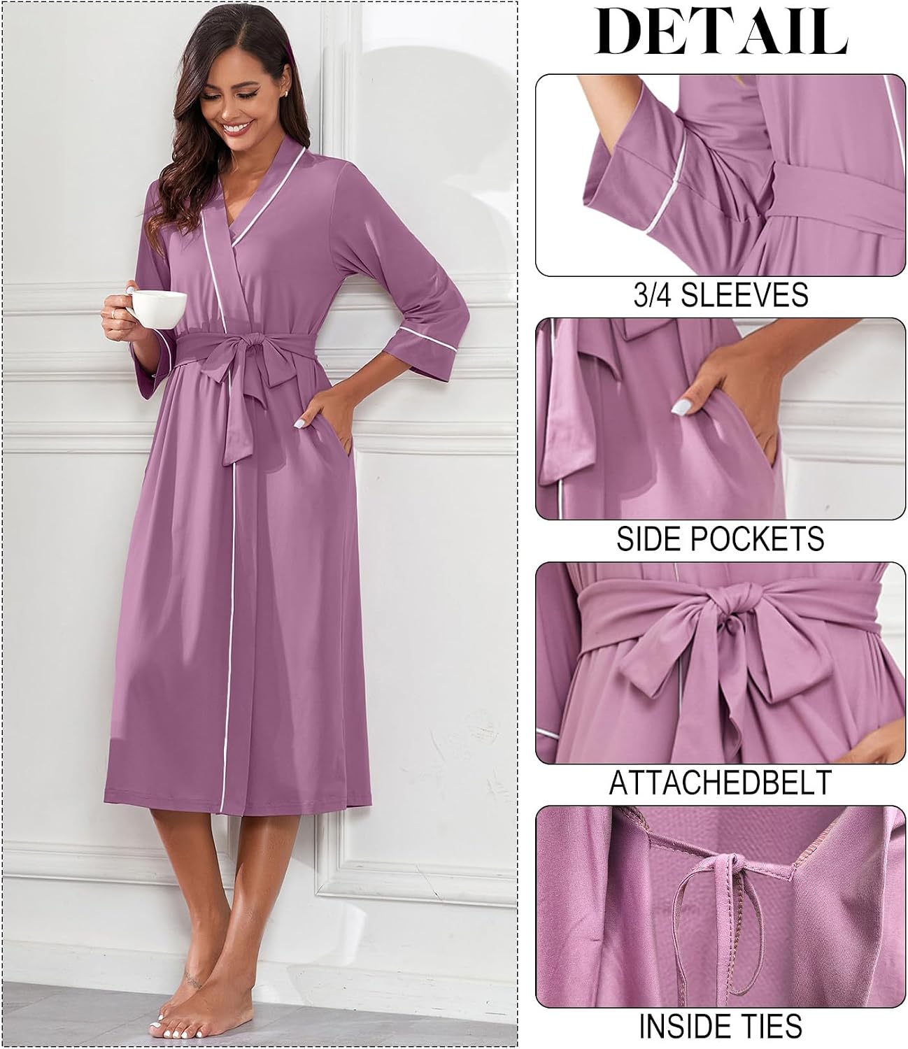 PrinStory Robes for Women 3/4 Sleeve Long Bath Robe XS-4XL