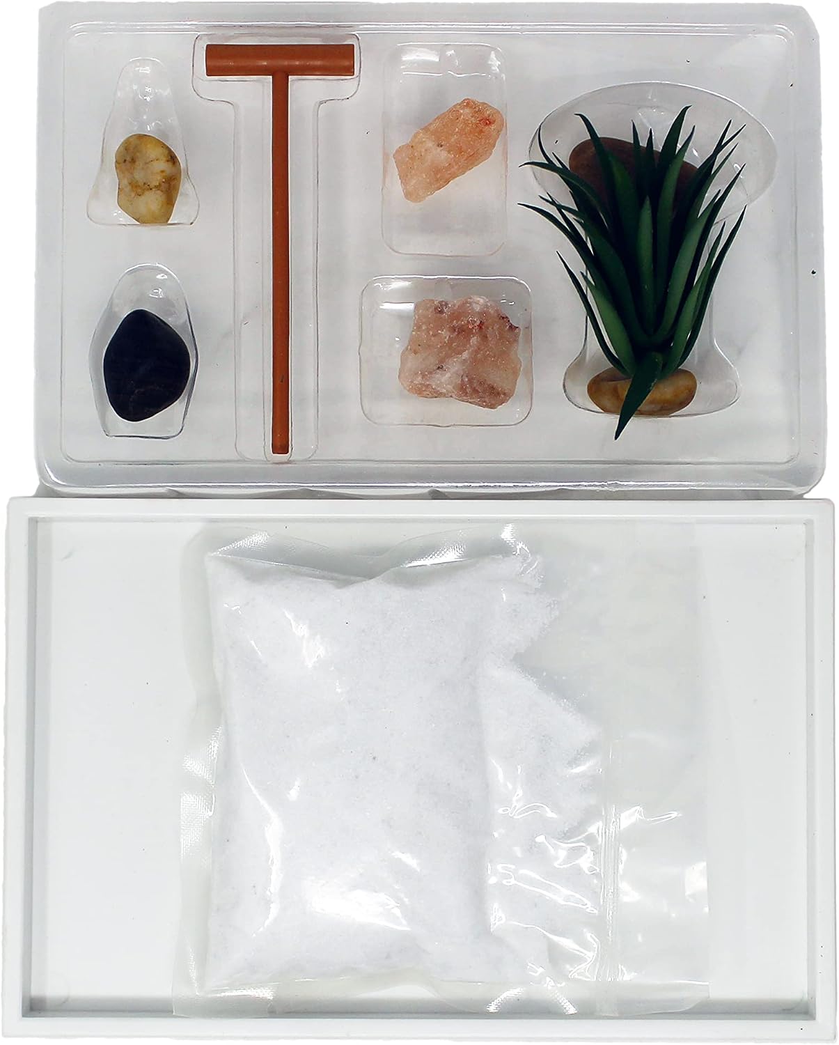 Nature's Mark Mini Zen Garden Kit for Desk with White Sand, Rake, White Base, Salt Rock and Air Plant (Round)