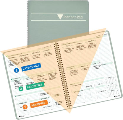Planner Pad Spiral Bound July 2026 – June 2027 / Academic Year 8 1/2" x 11" Large 3-Tier Funnel Down 12 Month/Weekly Size Organizer, Greenish Grey Cover/Soft Green Ink