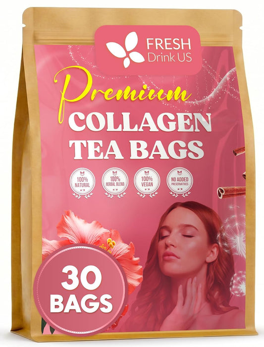 FreshDrinkUS, Premium Collagen Herbal Tea – 30 Tea Bags | Cinnamon Stick, Hibiscus, Dandelion Root, Moringa Leaves, Rose Hip, Ginger, Fennel Seed, Boswellia | Caffeine-Free, Natural Flavorful Blend