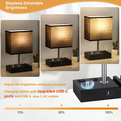 Kakanuo Fully Dimmable Nightstand Lamp for Bedroom with USB C Ports, Grey Small Bedside Table Lamp with Charging Outlets and Phone Stands, Wooden Desk Lamp for Living Room, LED Bulb Included