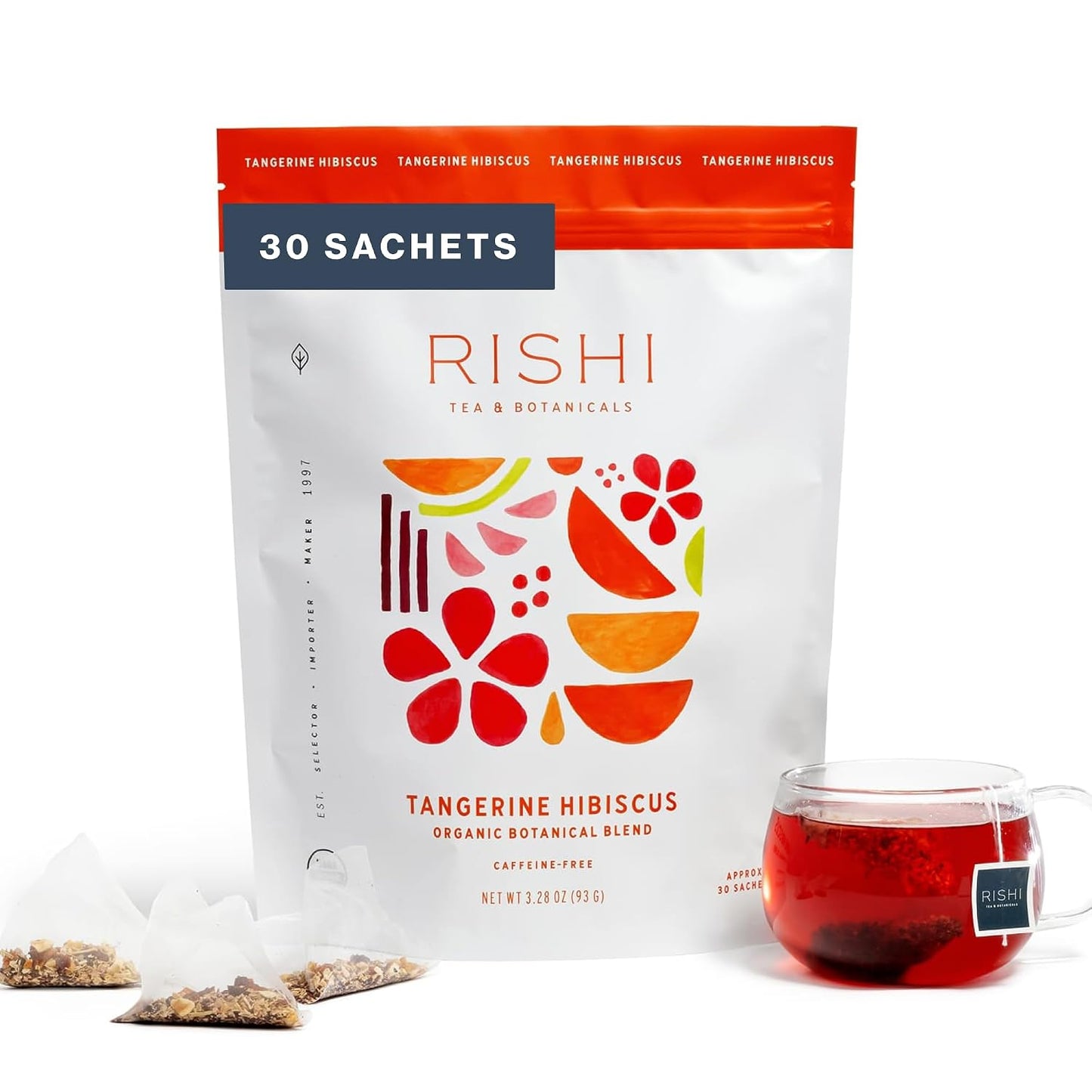 Rishi Tea Tangerine Hibiscus Herbal Tea - Organic, Caffeine Free Sachet Bags, Hibiscus Botanical Blend - 15 Count (Pack of 1)
