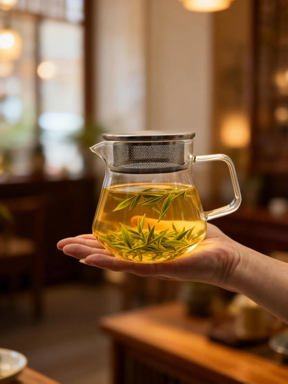 CNGLASS One-Touch Glass Teapot with Stainless Steel Filter Lid,20oz(600ml) Glear Tea Kettle Stovetop Safe,Borosilicate Glass Tea Pots for Loose Leaf Tea