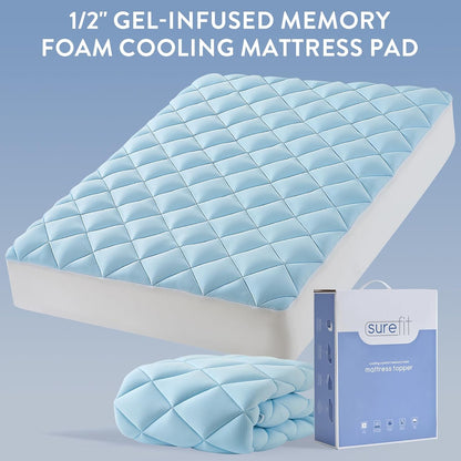 SureFit Queen Size Cooling Mattress Topper, 1/2 Inch Gel-Infused Memory Foam Mattress Pad, Breathable Ventilated Design, Light Soft Comfort for Hot Sleepers, Deep Pocket 8-20 Inch