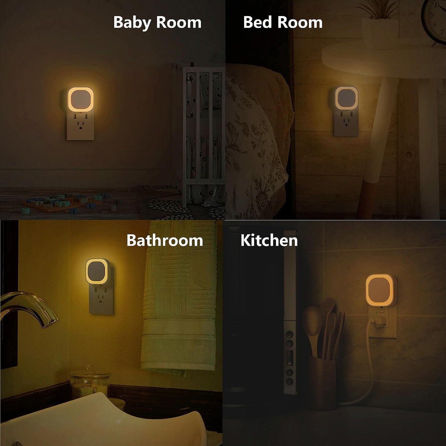 YUNLEX 2 Pack Amber Night Light, Dusk to Dawn Sensor, Warm Glare-Free Reflected Glow, 3-Level Dimmer, Auto On/Off, Plug-in LED Nightlight for Bedroom, Kids, Bathroom, Sleep, Baby Nursery, Toddler