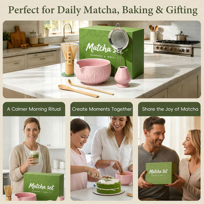 Matcha Whisk Set, Ceramic Matcha Set Includes Bowl & Holder, Bamboo Whisk (Chasen), Scoop, Spoon and Sifter, 6PCS Matcha Kit Covers Everything Needed for Making Matcha (Green)