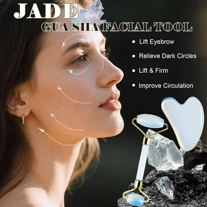 Jade roller and gua sha, facial roller, women's skincare tool, self-care gift, face, eye, neck massager, relieves fine lines and wrinkles, aventurine, opal, rose quartz