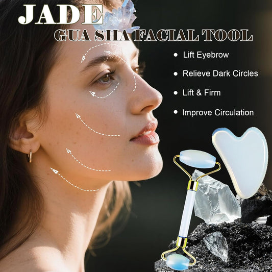 Jade roller and gua sha, facial roller, women's skincare tool, self-care gift, face, eye, neck massager, relieves fine lines and wrinkles, aventurine, opal, rose quartz