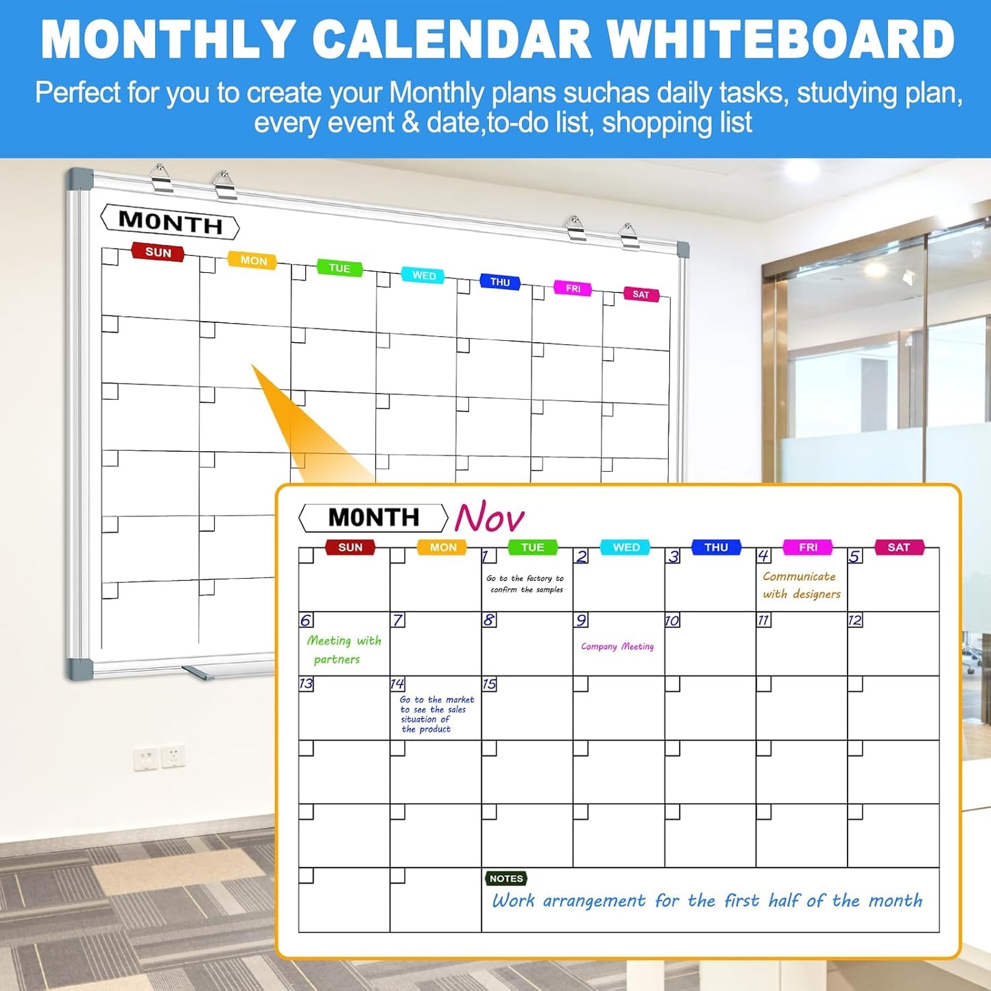Magnetic Dry Erase Board Calendar for Wall 36" x 24", Monthly Calendar Whiteboard for Wall, Planning Board Bulletin Board Portable Board for Office, School, Home, Kitchen, Planning, Memo