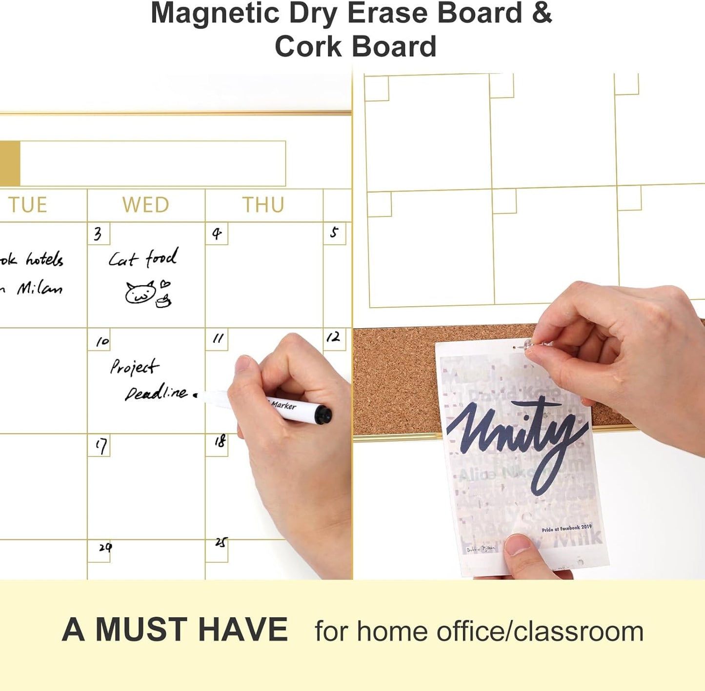 ARCOBIS Dry Erase Calendar with Cork Board for Wall, 24"x 18" Magnetic Calendar Whiteboard with Black Frame, Monthly Combination Board for School, Home, Office