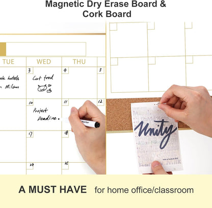 ARCOBIS Dry Erase Calendar with Cork Board for Wall, 24"x 18" Magnetic Calendar Whiteboard with Black Frame, Monthly Combination Board for School, Home, Office