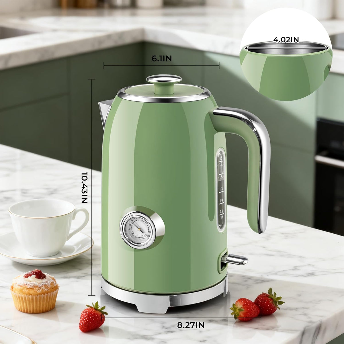 SUSTEAS 57oz Electric Kettle with Thermometer, Hot Water Pot, Retro Green