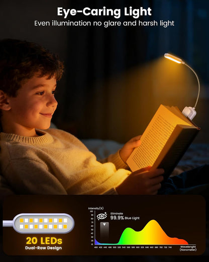 Glocusent 13 LED Reading Lights for Books in Bed, Eye-Caring Rechargeable Book Light 3 Amber Colors & Stepless Dimming, 120 Hrs Runtime, Travel Clip on Reading Lamp, Gifts for Book Lover Men Women Kid