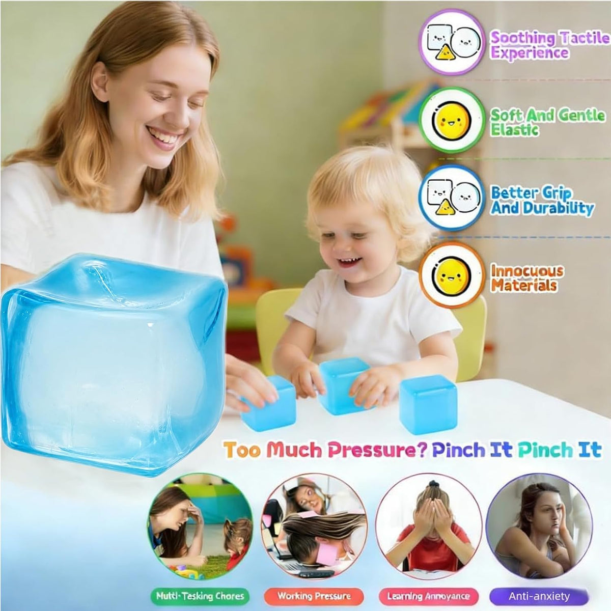 Relief Ice Squeeze Ball Sensory Fidget Toy, Stress and Anxiety Relief, Ice Cube Shape, for Adults