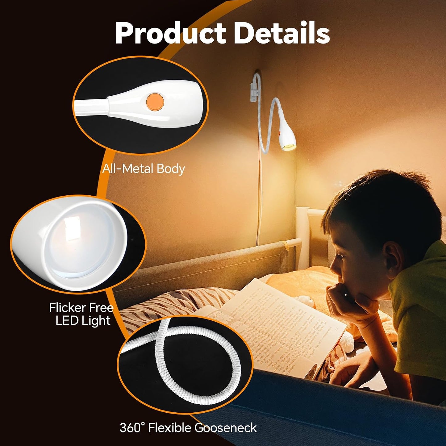 Wall Mounted Reading Light, Minimalist Headboard Mount Book Light, Dimmable LED with Lamp Head Switch Reading Lamp, USB-C Powered, CRI 95+ (4000K + Amber Nightlight) (Black)