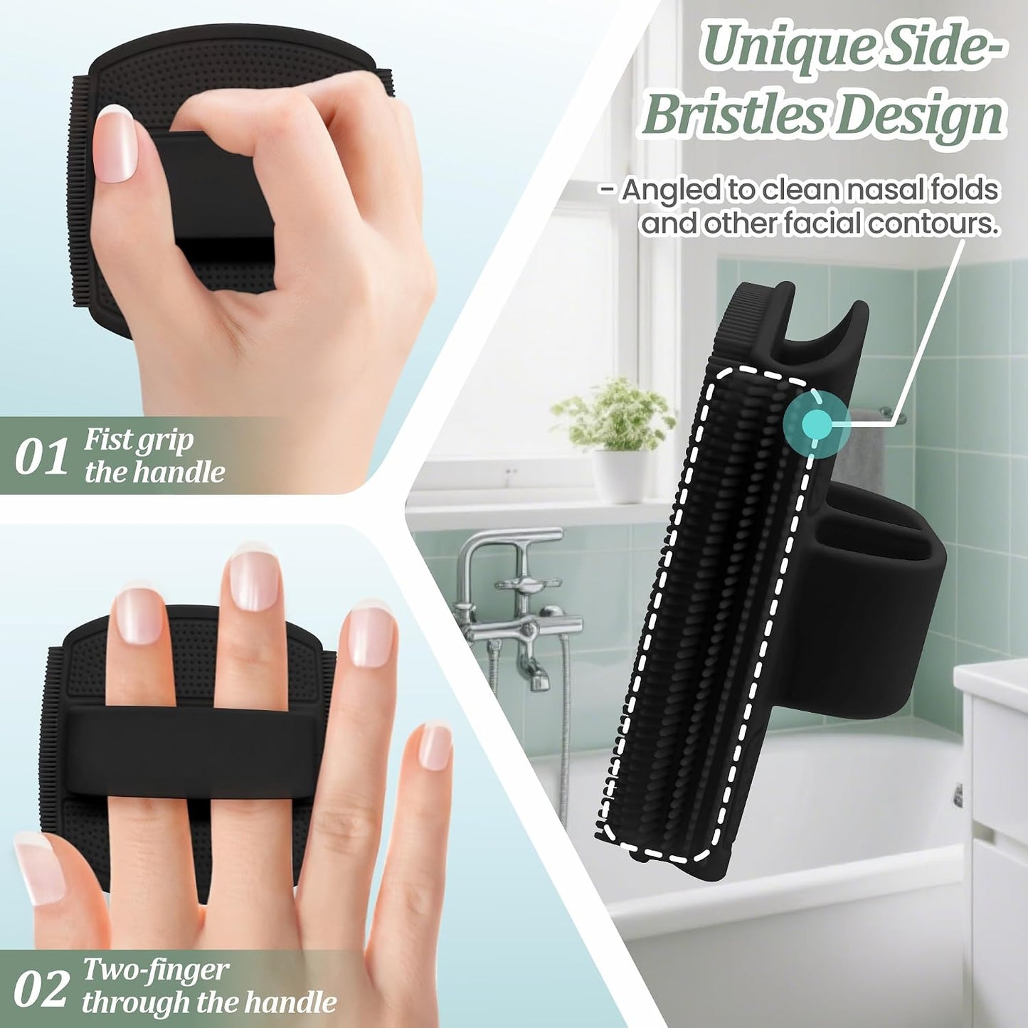 Silicone Back Scrubber & Bath Glove Set 2PCS, 13.4'' Gentle Shower Back Scrubber with Dual-Side Head Non-Slip Handle, 360° Anti-Slip Hand-fit Bath Glove for Rich Foaming Deep Cleaning(Black)