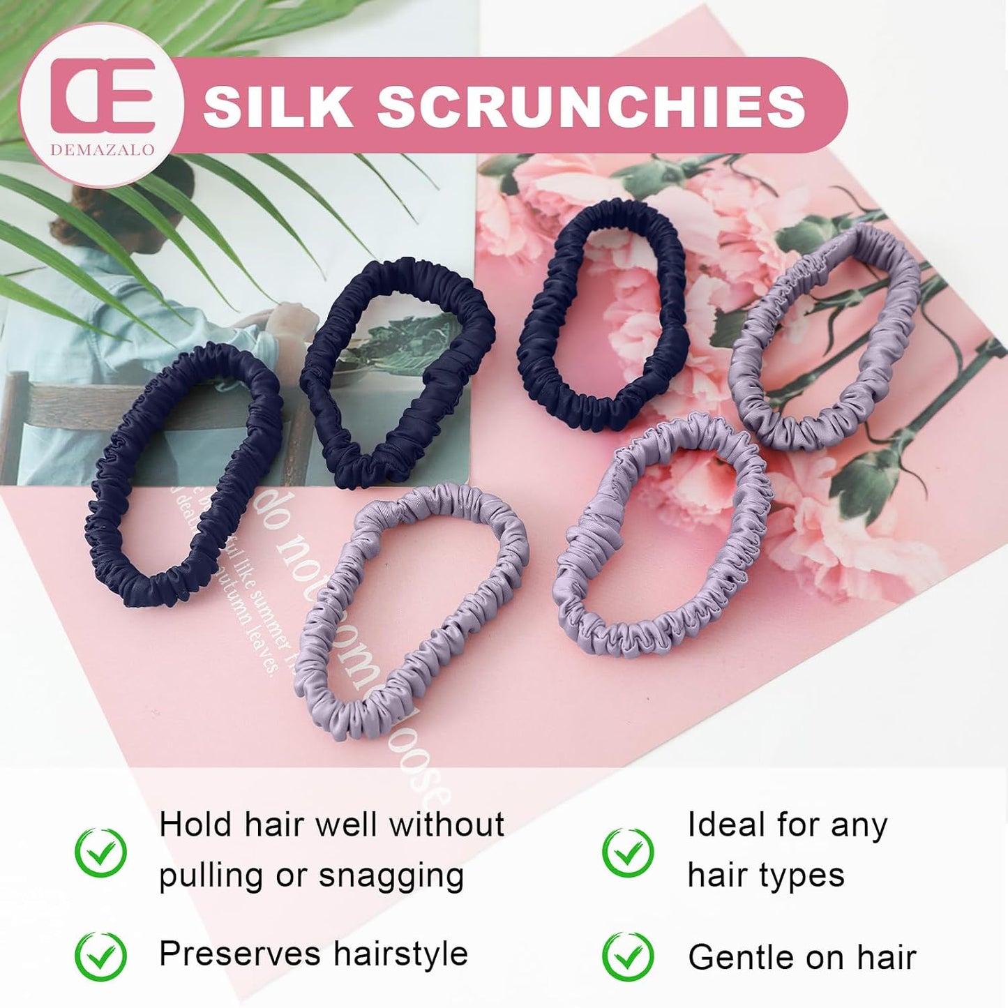 6Pcs Silk Hair Ties 100% Pure Mulberry Silk Scrunchies for Women Girls | No Hair Crease, Anti Frizz, Gentle Hold, No Damage, Black Brown Pink
