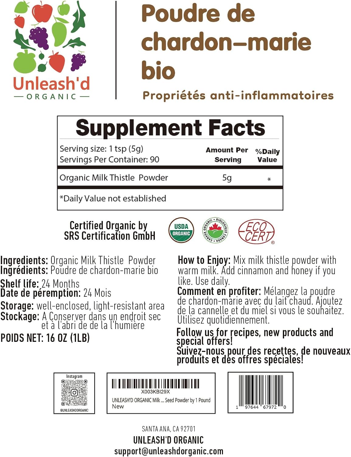 Unleash’d Organic Milk Thistle Powder 16oz – 100% Pure, Rich in Silymarin & Antioxidants, Supports Liver and Immune Health
