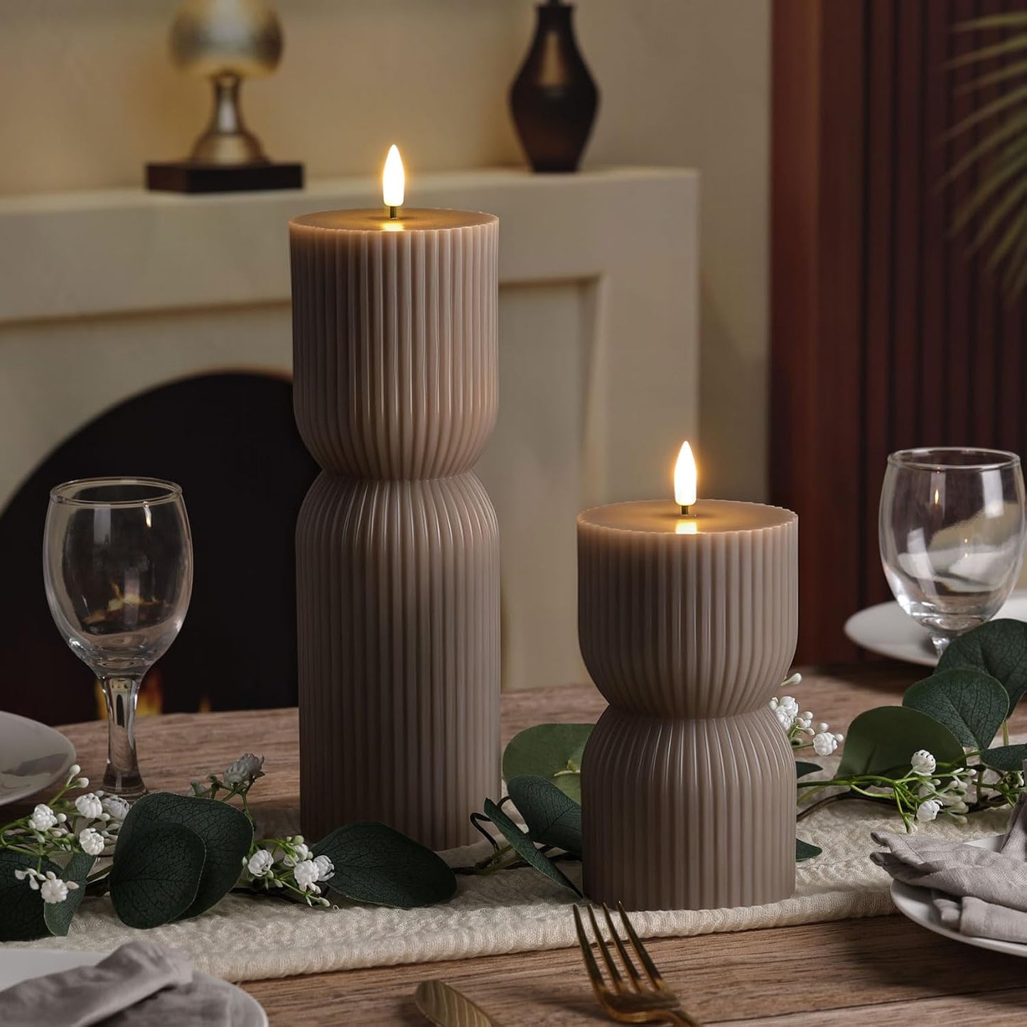 White Ribbed Flameless Pillar Candles with Remote, Real Wax Flickering Battery LED Candles Set of 2