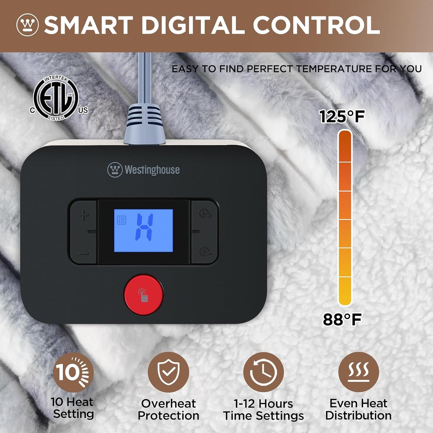Westinghouse Heated Throw Blanket, Electric Blanket Throw with 6 Heating Levels and 2-10 Hours Time Settings, Flannel to Sherpa Super Cozy Heated Blanket Machine Washable, 50x60 inch, Charcoal