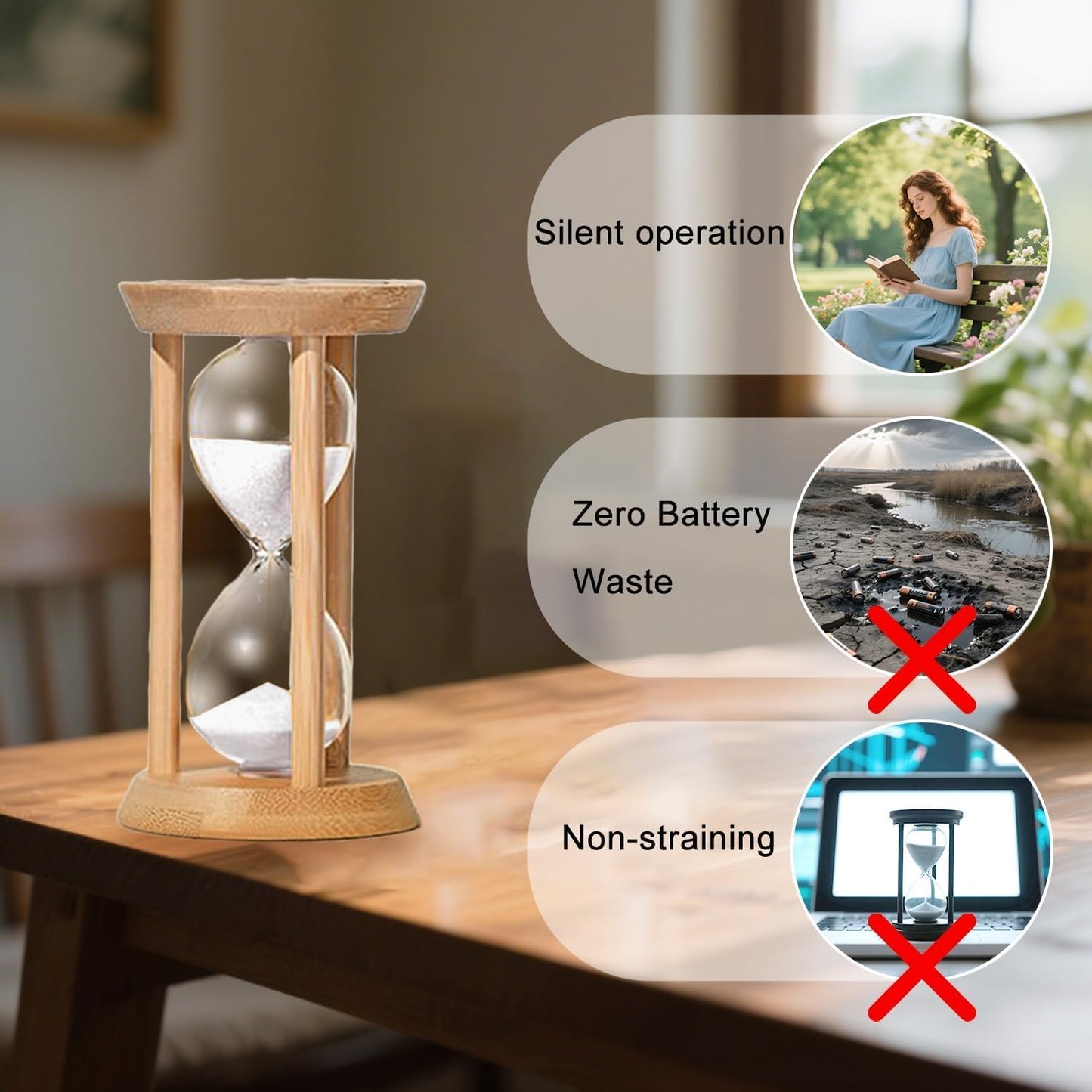 Hourglass 15 Minute,Wood Sand Timer 15 Min, Unbreakable Sandglass,Sand Watch for Study,Yoga,Cooking,Desk Decor & Gift,White