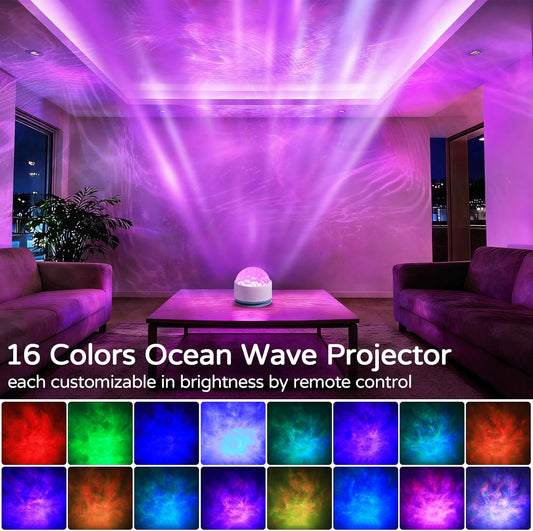 Ocean Wave Projector Light, Rechargeable 16 Color Ocean Lamp Ambient Lighting Night Light Projector Mood Lighting with Dimmable & Remote for Kids Bedroom Teen Girl Gift Room Decor