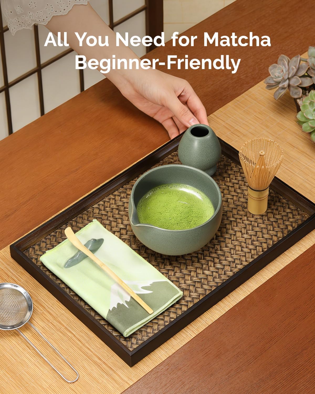 Maestri House Matcha Whisk Set, 7-Pc Complete Matcha Kit with Spouted Ceramic Bowl, Bamboo Whisk and Holder, Scoop, Spoon Rest & Sifter, Tea Cloth – Ideal Gift for Matcha Lovers (Black Stone)
