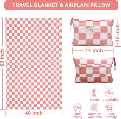 Travel Blanket and Pillow Compact, Premium Soft 2 in 1 Airplane Blanket with Soft Bag Pillowcase，Hand Luggage Sleeve and Backpack Clip (Checkered Black)