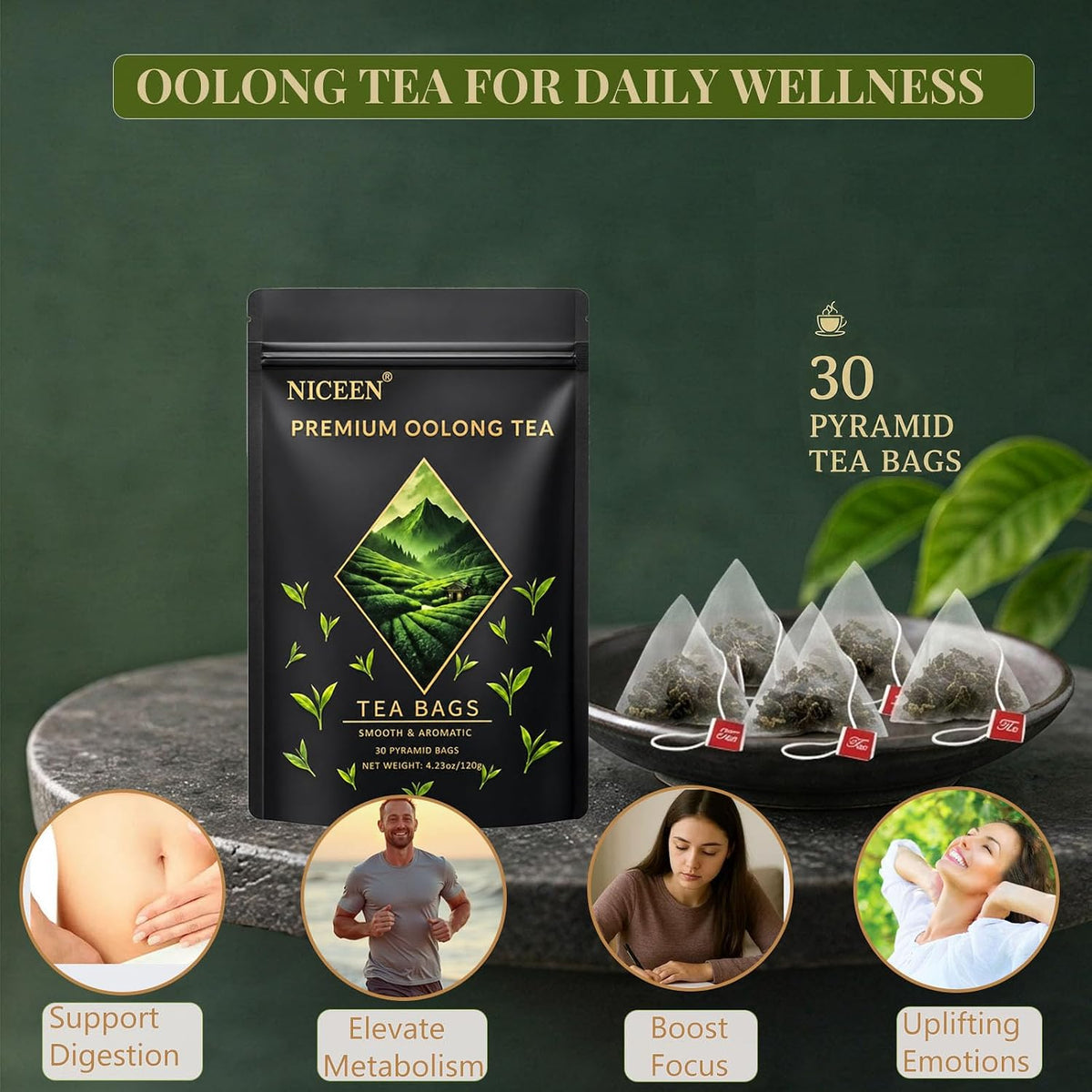 Niceen Oolong Tea Bags, 4g*30 Tea Bags, Selected Whole Leaf Oolong Tea, Smooth Aroma, Low Astringency, Daily Tea Ritual, Hot and Cold Brew, Vegan, Non-GMO (30 Pcs 1 Bags)