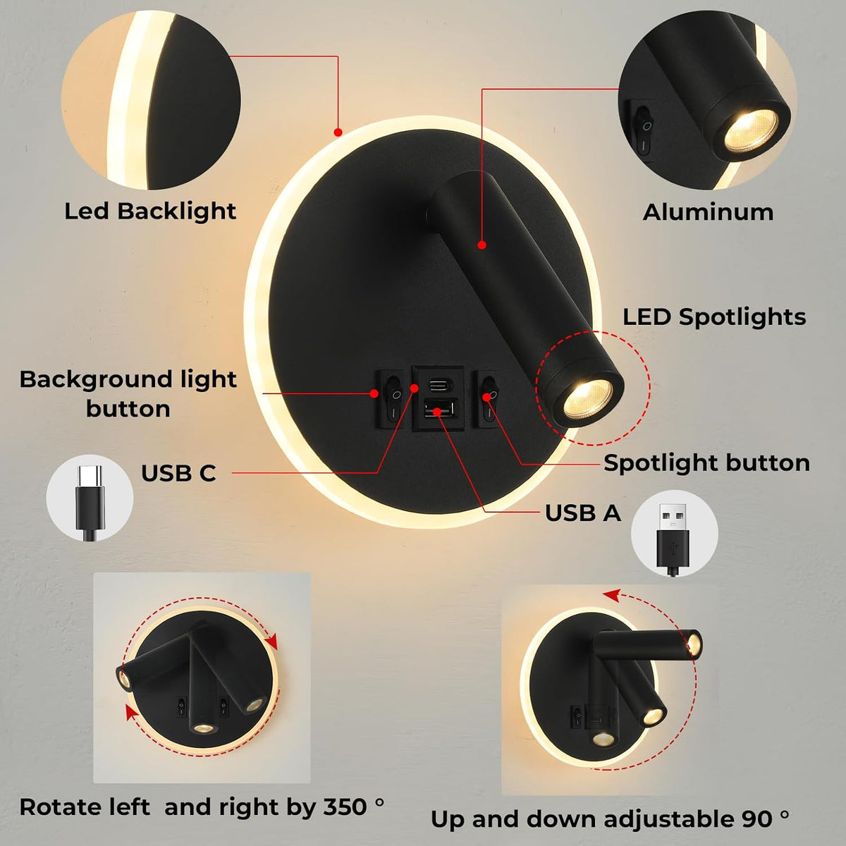 Plug in Wall Lamps for Bedroom Living Room, Wall Mounted Reading Lights with USB C+A Charging Ports, Headboard Lamp 360°Rotation, Wall Mount Lamp with 3 Color Temperature 3W+9W Night Light