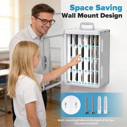 24 Slots Cell Phone Locker, Classroom Phone Storage Cabinet with Key, 【Wall Mounted】 【Aluminum Alloy】 Phone Lock Box, Mobile Phone Lockbox with Handle for School Office Exam(Silver)