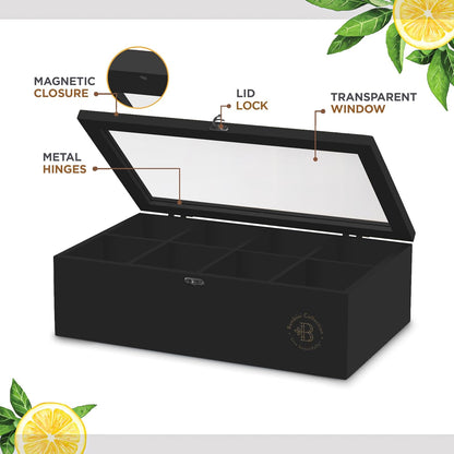 Tea Bag Organizer with Drawer - Bamboo Tea Box Organizer, 8-Compartment Tea Storage Box with Acrylic Lid and Magnetic Closure, Tea Box for Kitchen Counter, Gifts for Mom, Wife, Tea Lovers (White)