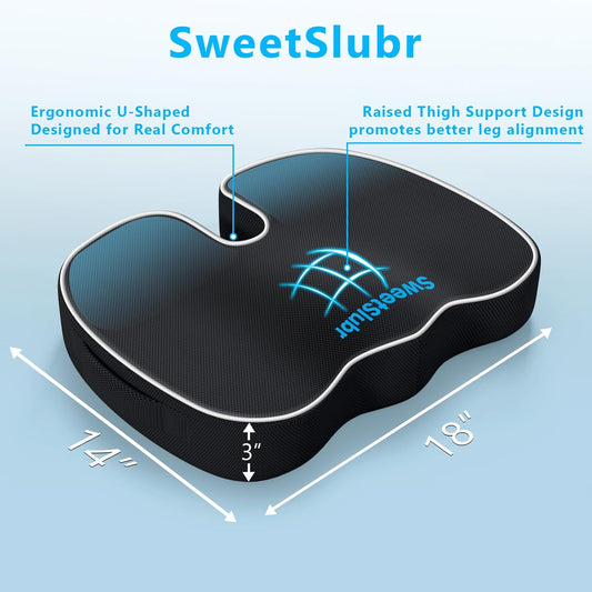 SweetSlubr Ergonomic Memory Foam Seat Cushion & Lumbar Support Pillow Set, Orthopedic Coccyx Cushion for Office Chair, Car, Home – Relieves Back, Sciatica & Tailbone Pain, Improves Posture Black/Large