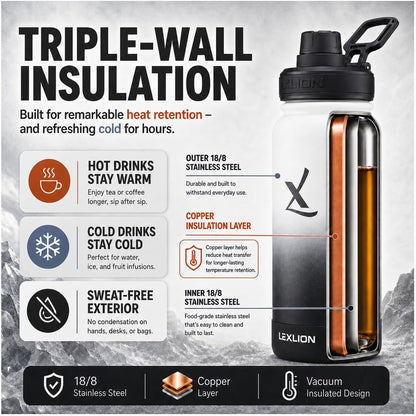 Lexlion Tea Infuser Water Bottle 32 Oz – Triple Wall Insulated Stainless Steel, Loose Leaf & Fruit Strainer, 3 Leakproof Lids, BPA-Free Silicone Sleeve, Reusable Thermal Mug