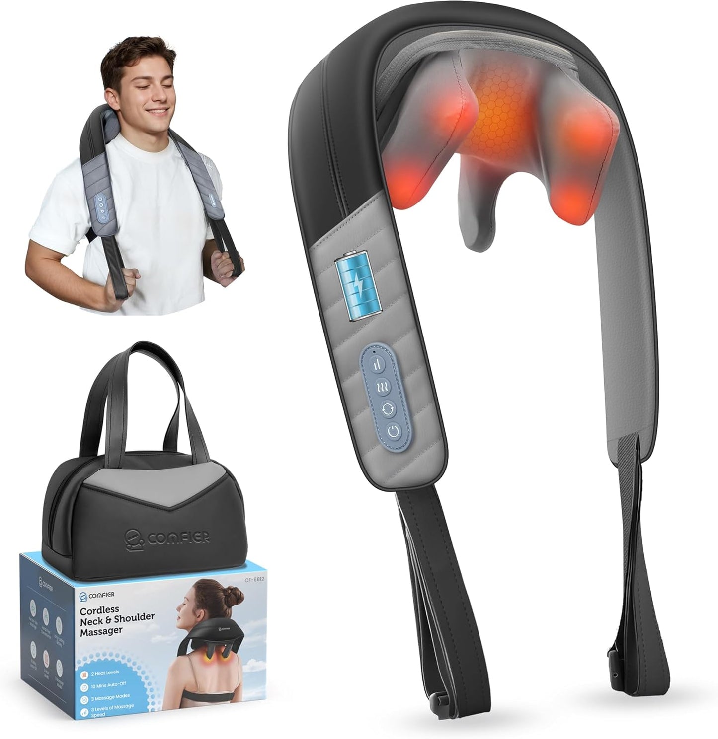 COMFIER Cordless Neck and Shoulder Massager with Heat, Wearable 4D Shiatsu Deep Tissue Kneading for Desk Workers and Drivers, Hands-Free Straps, FSA Eligible HSA Gift