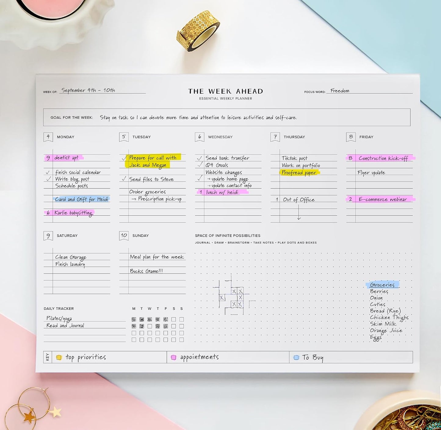 ThreeKin Weekly Planner - Premium 52-Sheet Tear-Off Notepad, 8.5 x 11 inches, Clean Colorful Design, Perfect for Work, School, Projects, and Entrepreneurs, Female & USA Owned Business