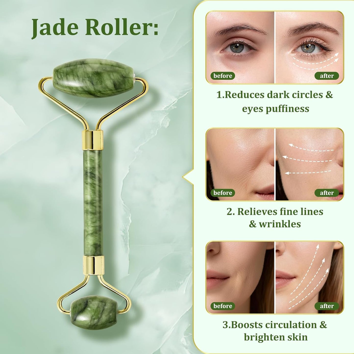 Jade Roller & Gua Sha Set - Natural Jade Face Roller Facial Massage Skincare Tools for Women,Reduce Puffiness and Fine Lines (Forest Green) | natural jade roller,gua sha tool,ice roller to reduce puffiness,dual head massage roller