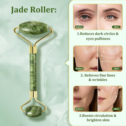 Jade Roller & Gua Sha Set - Natural Jade Face Roller Facial Massage Skincare Tools for Women,Reduce Puffiness and Fine Lines (Forest Green) | natural jade roller,gua sha tool,ice roller to reduce puffiness,dual head massage roller