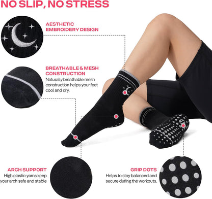 COOLMATE Pilates Socks with Grips for Women, Yoga Socks, Crew Non Slip Women for Barre, Pilates Gifts for Women - Colors A