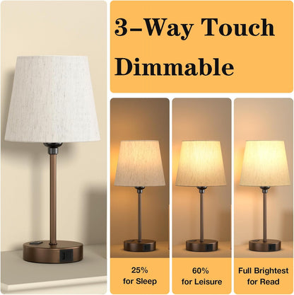 Mini Bedside Lamps for Bedrooms Set of 2 - Nightstand Bedroom Lamps with USB C Port and AC Outlet Charging, Dimmable Touch Small Bed Side Table Lamp, Black Night Stand Light for Kids/Guest Room