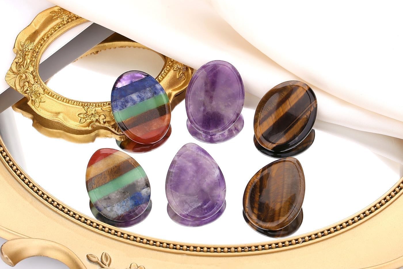 2PCS Worry Stone for Anxiety Tigers Eye Amethyst Healing Crystals Hand Thumb Stones Pocket Gemstones Meditation Accessories Oval Crystal Natural Relax Palm Stone Anxiety Relief Items Stocking Stuffers
