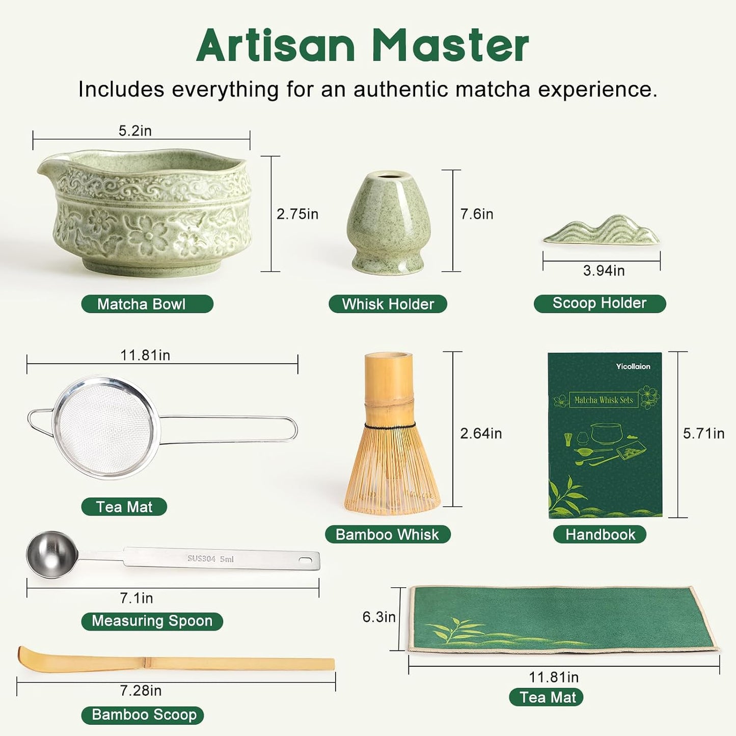 Matcha Whisk Set, Matcha Kit 9-Pcs, Bamboo Whisk and Ceramic Bowl with Spout & Measuring Spoon & Cup, Japanese Ceremony Matcha Tea Making Tools, Ideal Gift for Tea lover
