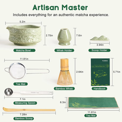 Matcha Whisk Set, Matcha Kit 9-Pcs, Bamboo Whisk and Ceramic Bowl with Spout & Measuring Spoon & Cup, Japanese Ceremony Matcha Tea Making Tools, Ideal Gift for Tea lover