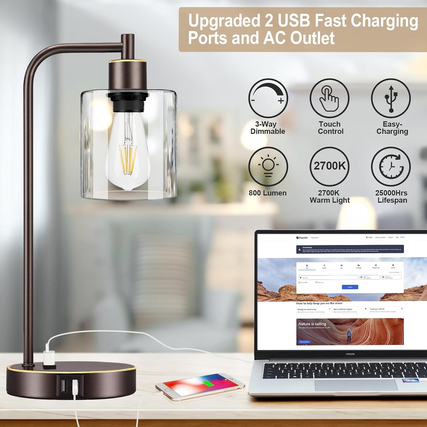 Set of 2 Industrial Touch Control Table Lamps with USB C+A Ports and AC Outlet - 3-Way Dimmable Black Bedside Lamps Nightstand Desk Lamps for Bedroom Living Room, Glass Shade & 2 LED Bulbs Included