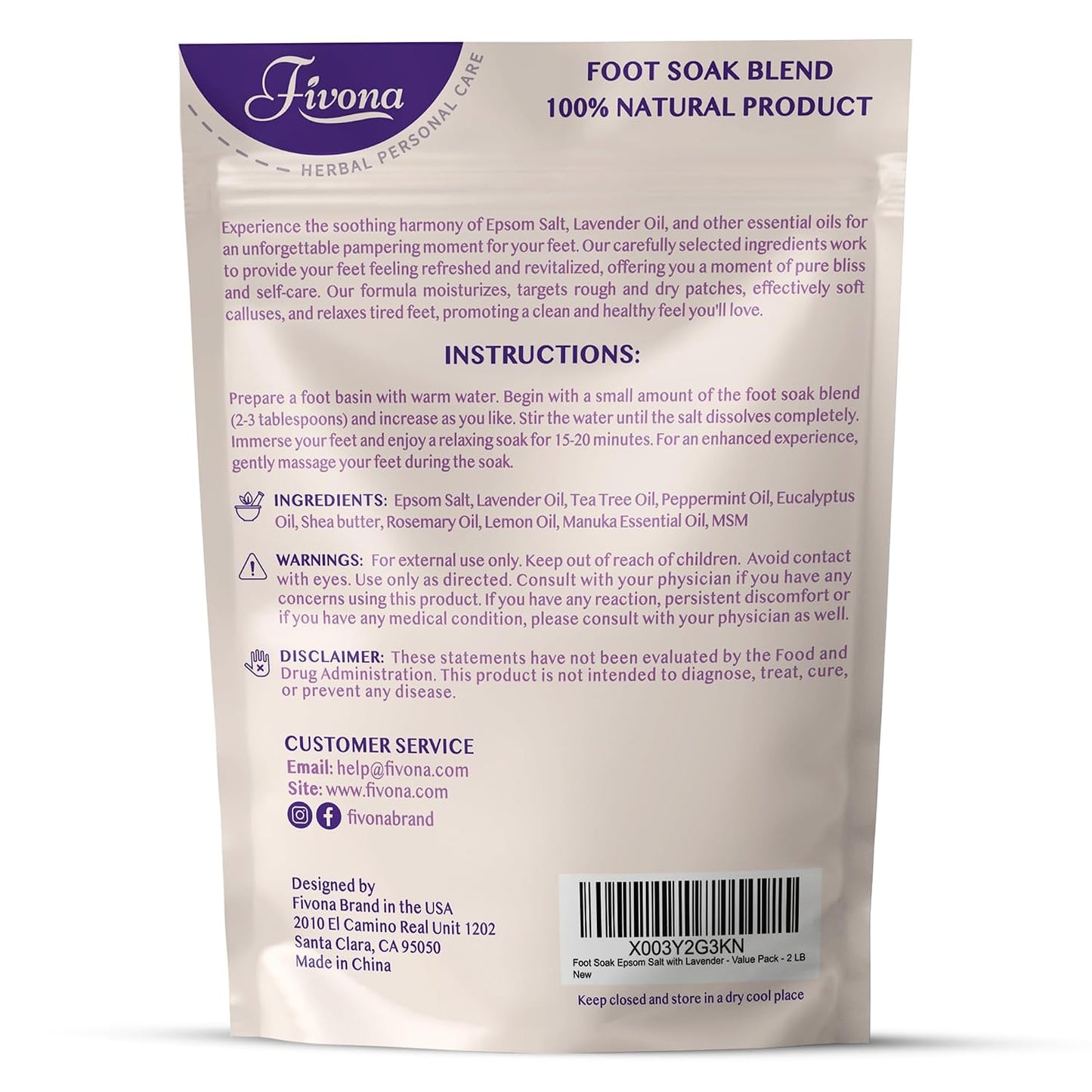 Fivona Tea Tree Foot Soak Blend 14.1 oz - Epsom Salt with Essential Oils for Healthy Toenails, Soothing Relief, Callus Softening - Pedicure Therapy for Soft, Rejuvenated Feet