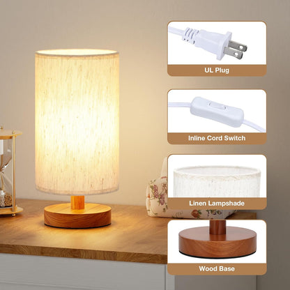 Fenmzee Small Table Lamp for Bedroom - Inline Control, Bedside Lamp with 3000K A15 LED Blub, Easy Assembly (Cream Shade - Wood Base, 9" Inline Control)
