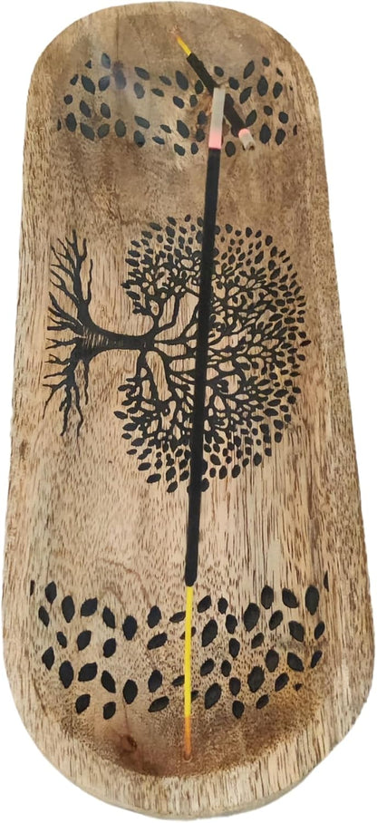 VANIYA CRAFTS® Wooden Handmade Tree of Life Design Boat Shape Incense Holder Stand Insence Tray for Home Decor Restaurant (11X4, Natural Black)