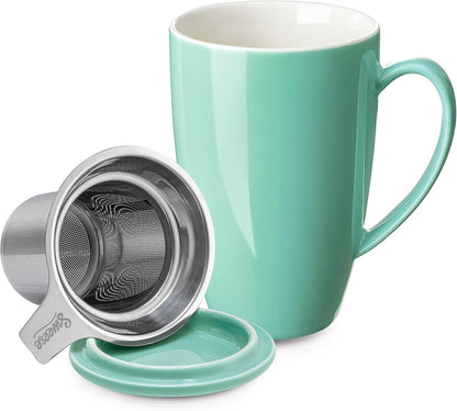 Sweese 15oz Porcelain Tea Mug with Infuser and Lid – Microwave Safe, Ergonomic Handle, Lead-Free Glaze, for Loose Leaf Tea