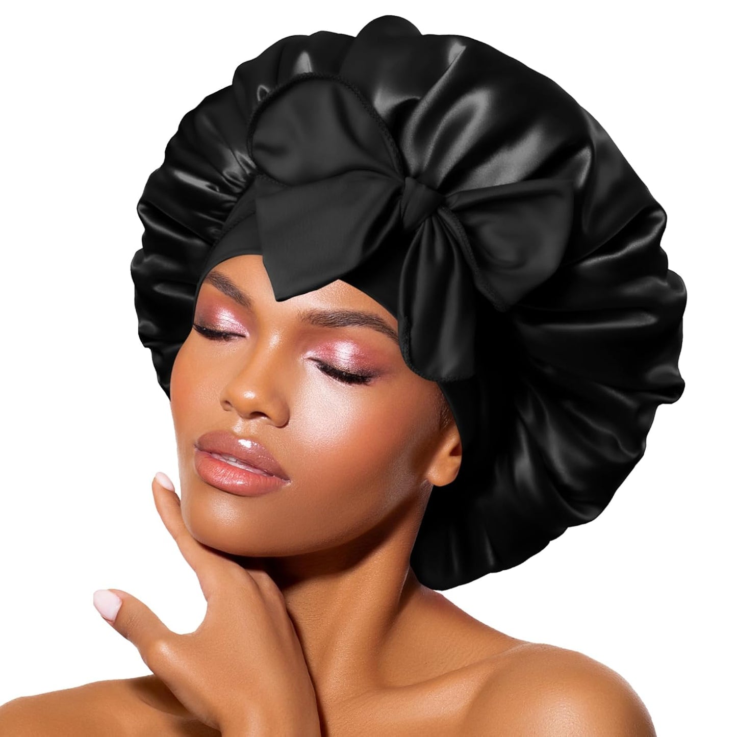BONNET QUEEN Silk Bonnet for Sleeping for Women Satin Bonnet Night Cap for Curly Hair with Tie Band, Single Layer, Cream Pink